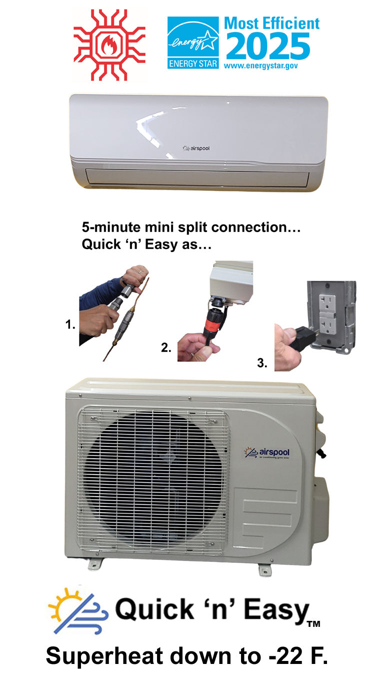 HS12 (12,000 BTU) Quick 'n' Easy solar air conditioner/heater with EVI Superheat! The world's fastest mini-split installation and best guarantee! 5 minutes (literally) to connect everything. No HVAC tech needed. 5-year guarantee!
