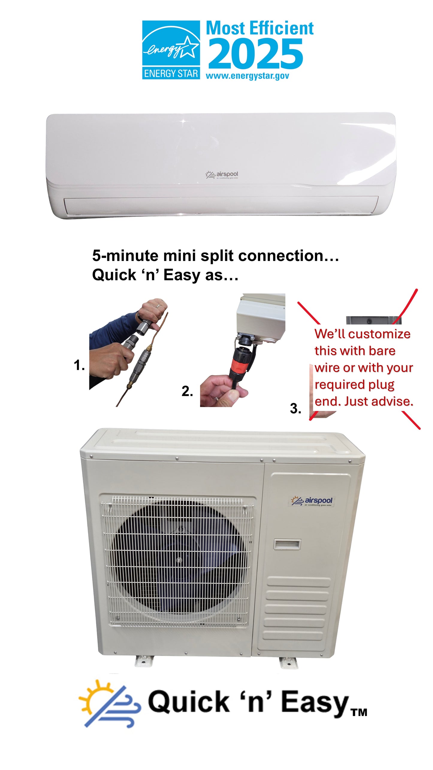 MS24 (24,000 BTU) Quick 'n' Easy solar air conditioner/heater. The world's fastest mini-split installation! The world's best guarantee! Note:  Needs 240v. Tested thoroughly before shipment.