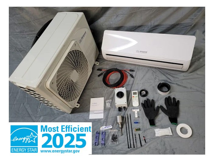 HS12 (12,000 BTU) Quick 'n' Easy solar air conditioner/heater with EVI Superheat! The world's fastest mini-split installation and best guarantee! 5 minutes (literally) to connect everything. No HVAC tech needed. 5-year guarantee!