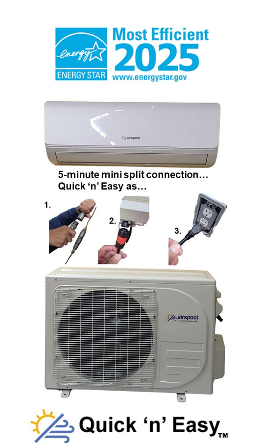 MS12 (12,000 BTU) Quick 'n' Easy solar air conditioner/heater. In stock! Get it in 1-5 days delivered. The world's fastest mini-split installation and 5-year guarantee! 5 minutes (literally) to connect everything. No HVAC tech needed.